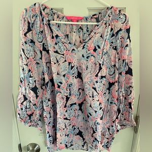 Lilly Pulitzer Navy Multi Paisley Shell Print V-Neck Blouse